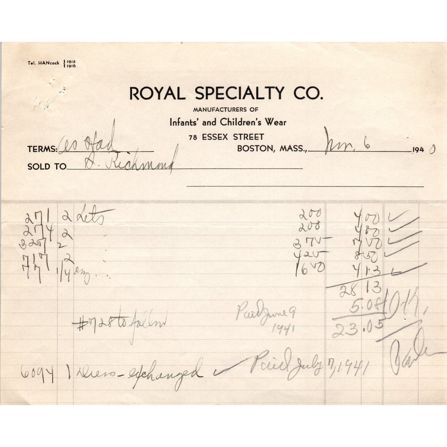 Royal Specialty Co Children's Wear Boston 1940 Original Billhead Receipt D8-LL