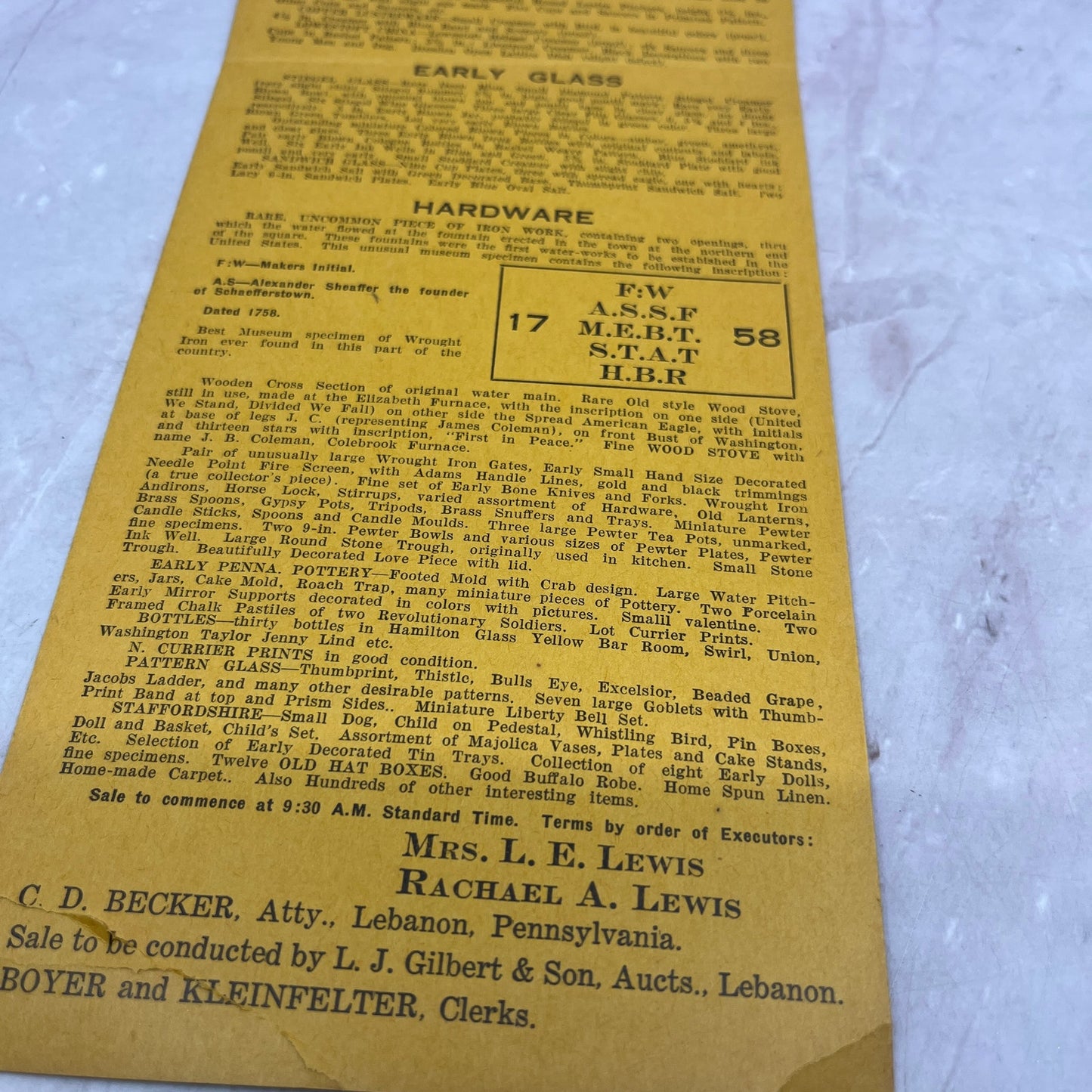 1937 Auction Flyer Anna Illig Schaefferstown LJ Gilbert Kleinfelter Lebanon D22