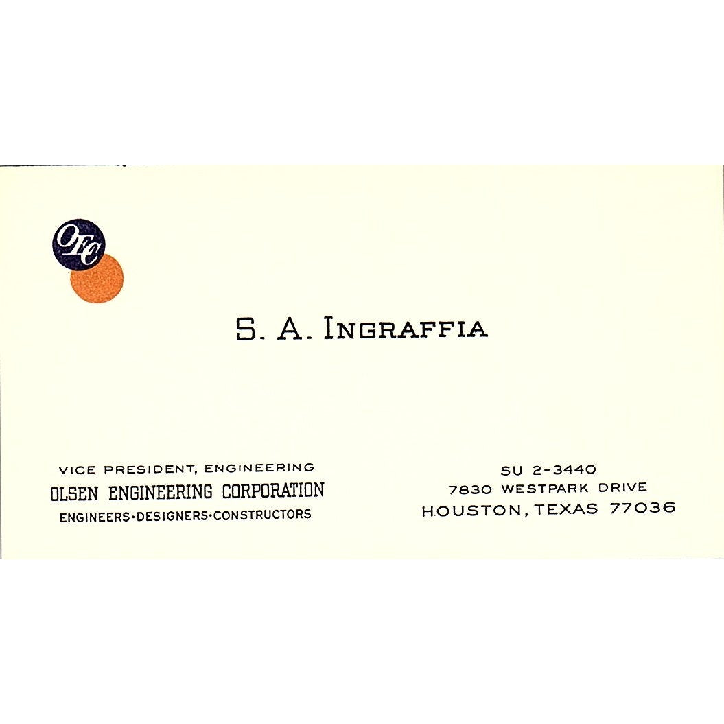 Olsen Engineering Corporation S.A. Ingraffia Houston Texas Business Card SF3-B5