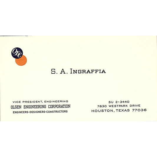Olsen Engineering Corporation S.A. Ingraffia Houston Texas Business Card SF3-B5