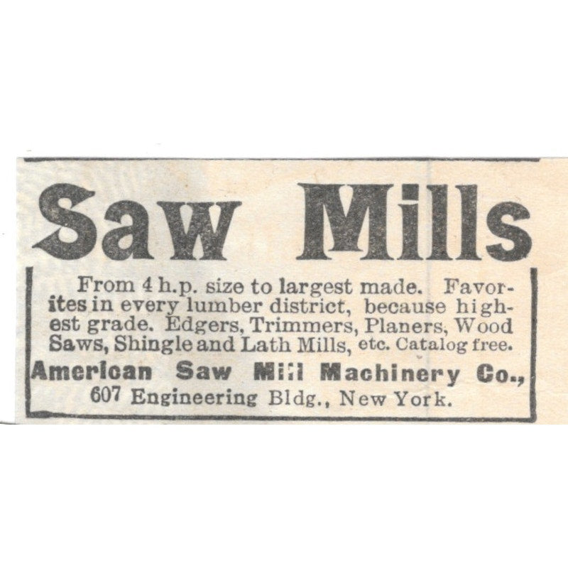American Saw Mill Machinery Co NY 1905 Magazine Ad AF1-NES1