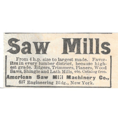 American Saw Mill Machinery Co NY 1905 Magazine Ad AF1-NES1