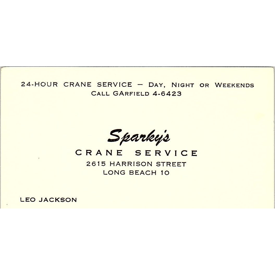 Sparky's Crane Service Leo Jackson Long Beach CA Vintage Business Card SB4-B4