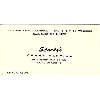 Sparky's Crane Service Leo Jackson Long Beach CA Vintage Business Card SB4-B4