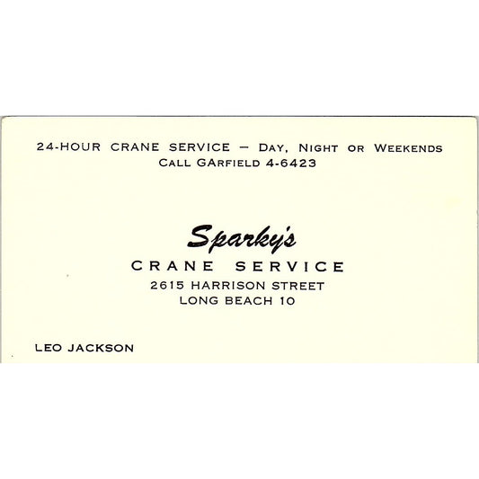 Sparky's Crane Service Leo Jackson Long Beach CA Vintage Business Card SB4-B4