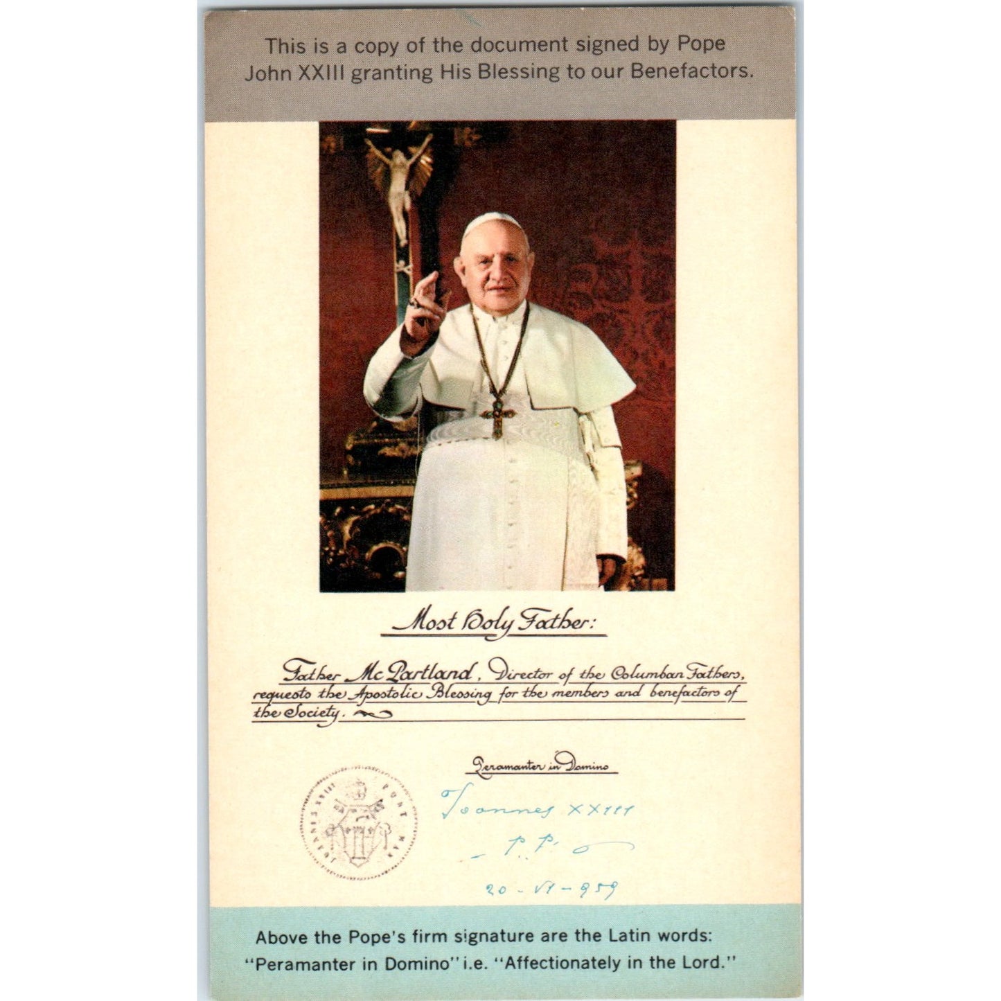 Pope John XXIII Blessing Rev Daniel Boland NE Vtg Catholic Prayer Card TH2-PC1