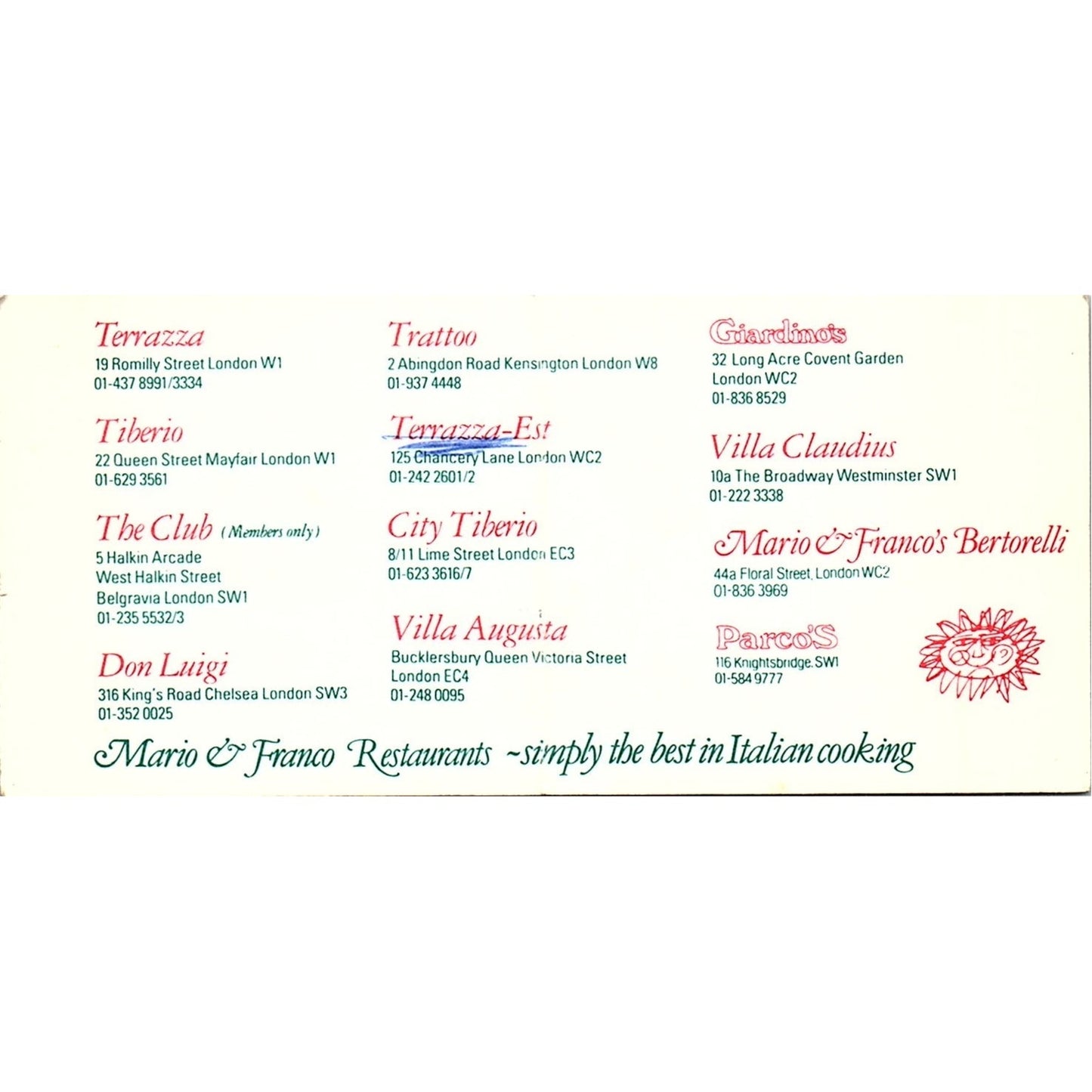 Terrazza Italian Restaurant London Vintage Business Card TH2-B2
