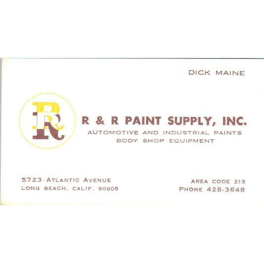 R&R Paint Supply Inc Dick Maine Long Beach CA Vintage Business Card SD8-B14