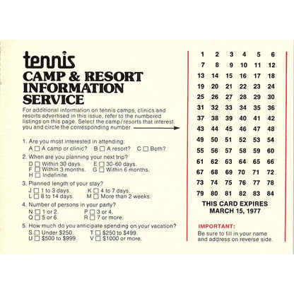 Tennis Camp & Resort Information Service Postal Card Clinton IA 1977 Ad AF3-M2