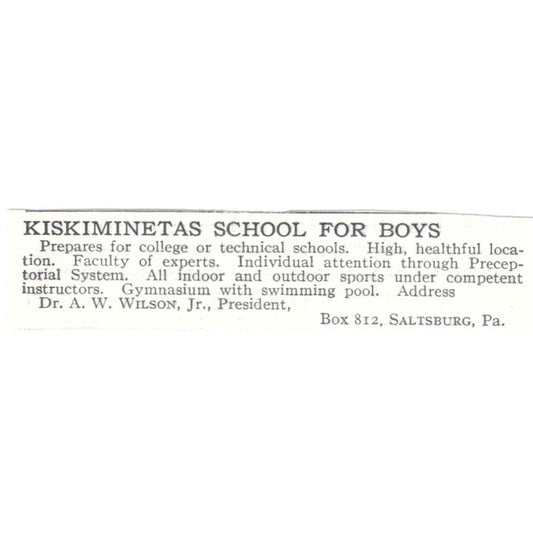 Kiskiminetas School for Boys A.W. Wilson Saltsburg c1918 Advertisement AE5-SV1
