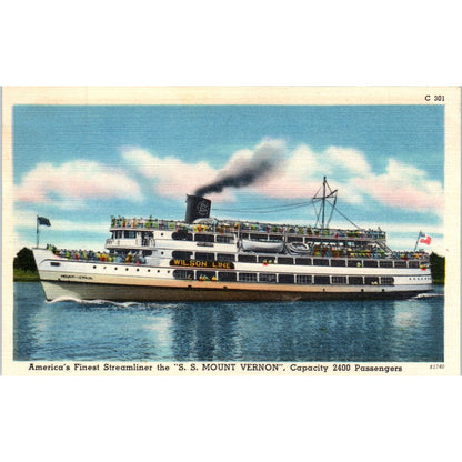 S.S. Mount Vernon Steamliner Steamer Vintage Postcard PE1