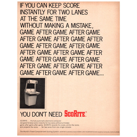 Scorite Electronic Bowling Computerized Scoring System 1969 Bowling Ad D25