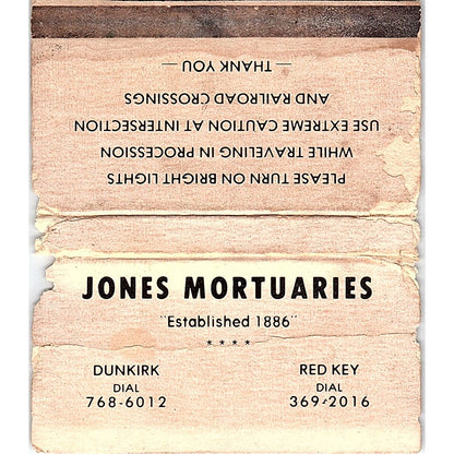 Jones Mortuaries Dunkirk & Red Key Vintage Matchbook TB6-MB2-13