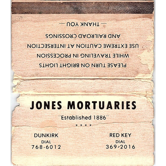 Jones Mortuaries Dunkirk & Red Key Vintage Matchbook TB6-MB2-13