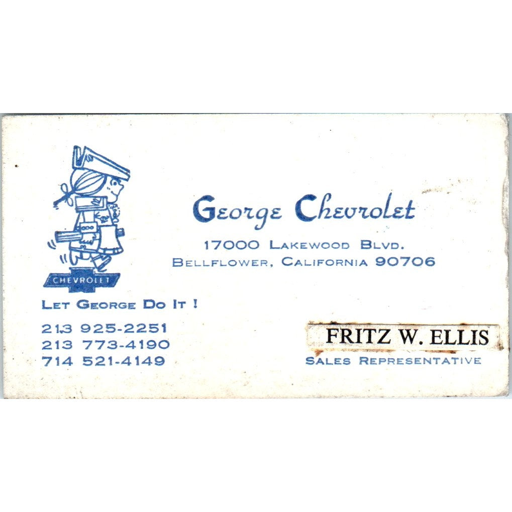 Fritz W. Ellis George Chevrolet Bellflower CA Vintage Business Card SE3-B7