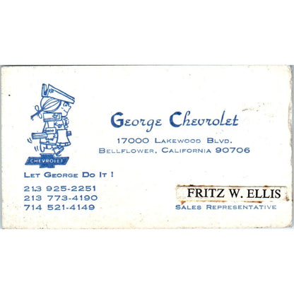 Fritz W. Ellis George Chevrolet Bellflower CA Vintage Business Card SE3-B7