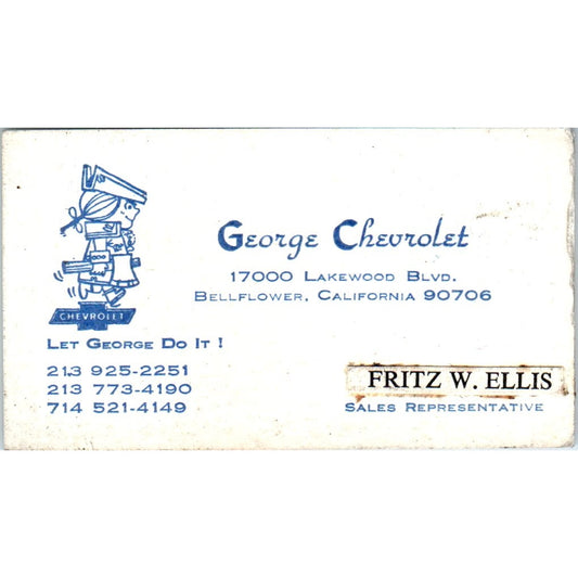 Fritz W. Ellis George Chevrolet Bellflower CA Vintage Business Card SE3-B7