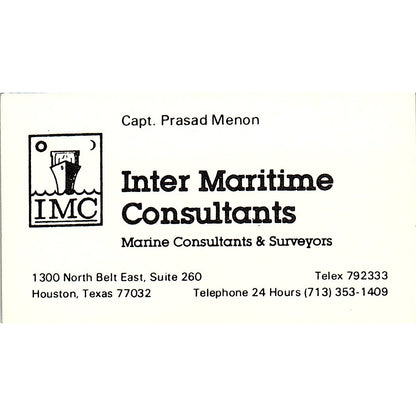 Inter Maritime Consultants Capt Prasad Menon Houston Vtg Business Card SC9-B4