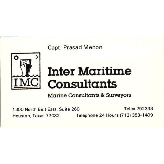 Inter Maritime Consultants Capt Prasad Menon Houston Vtg Business Card SC9-B4