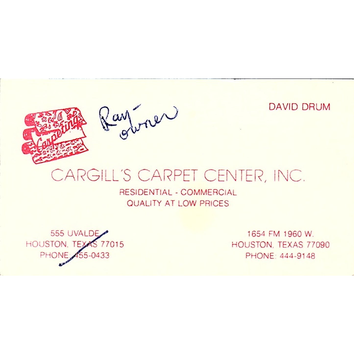 Cargill's Carpet Center David Drum Houston Texas Vintage Business Card SF3-B6
