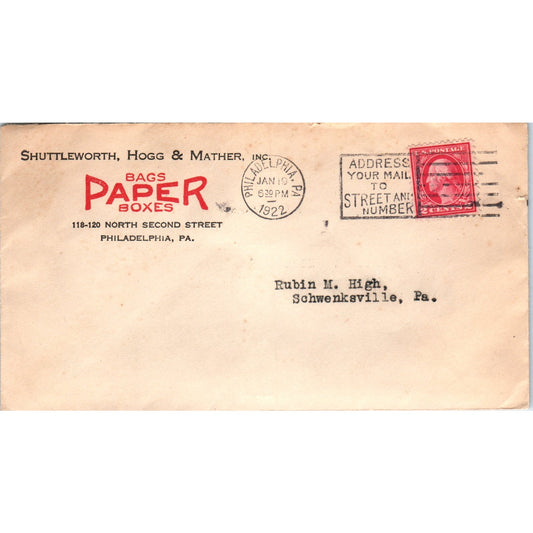 1922 Shuttleworth Hogg & Mather Paper Philadelphia Postal Cover Envelope TG7-PC1