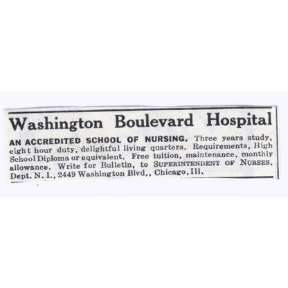 1931 Washington Boulevard Hospital Nursing School Chicago Advertisement AE5-SA2