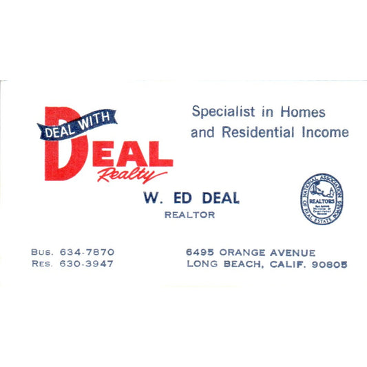 W. Ed Deal Realty Long Beach CA Vintage Business Card SD8-B1