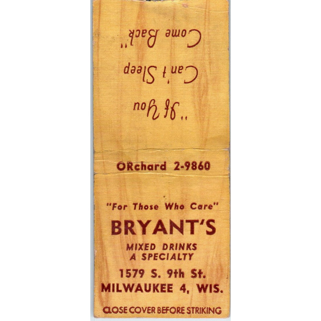 Bryant's Bar Milwaukee WI Vintage Matchbook Cover SD4-Y14
