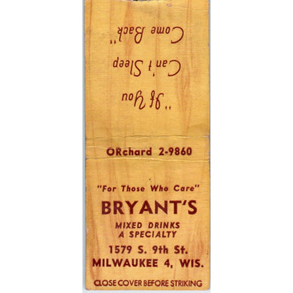 Bryant's Bar Milwaukee WI Vintage Matchbook Cover SD4-Y14