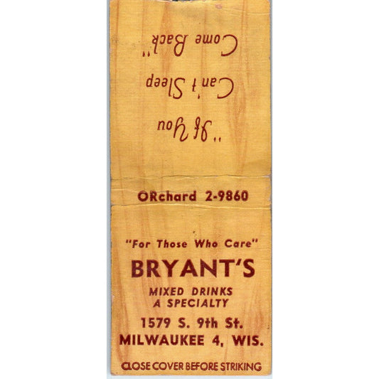 Bryant's Bar Milwaukee WI Vintage Matchbook Cover SD4-Y14