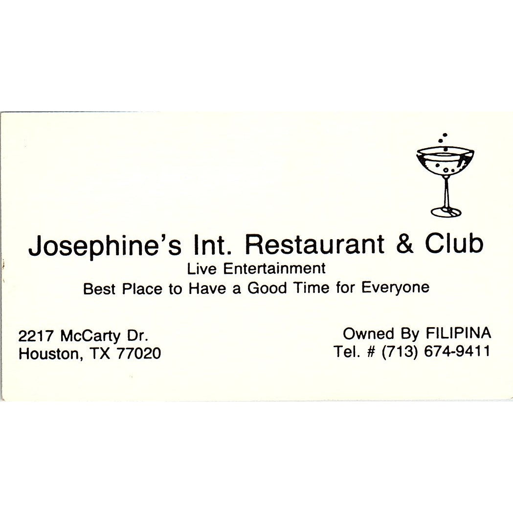 Josephine's Int Restaurant & Club Filipina Houston Vintage Business Card SC9-B1