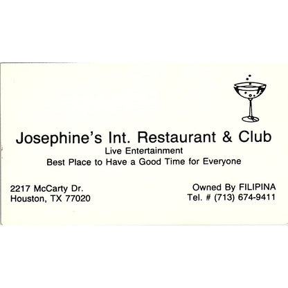 Josephine's Int Restaurant & Club Filipina Houston Vintage Business Card SC9-B1