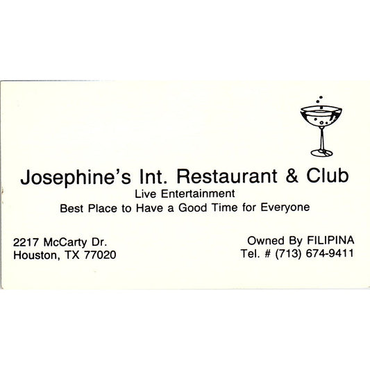 Josephine's Int Restaurant & Club Filipina Houston Vintage Business Card SC9-B1