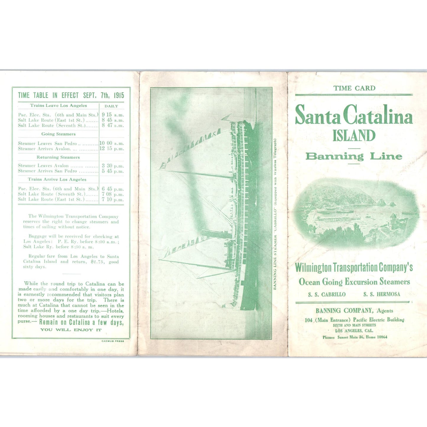 1915 Santa Catalina Island Banning Line Time Tables SS Cabrillo Hermosa CA AB9
