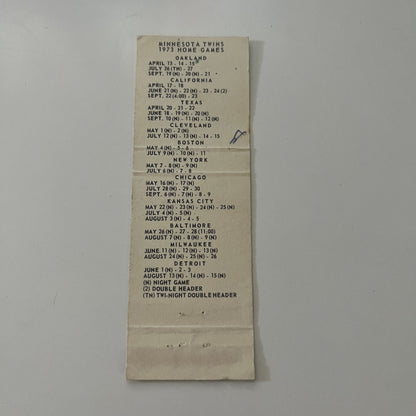 Minnesota Twins Baseball Schedule 1973 MN Vintage Matchbook Cover MB37-2