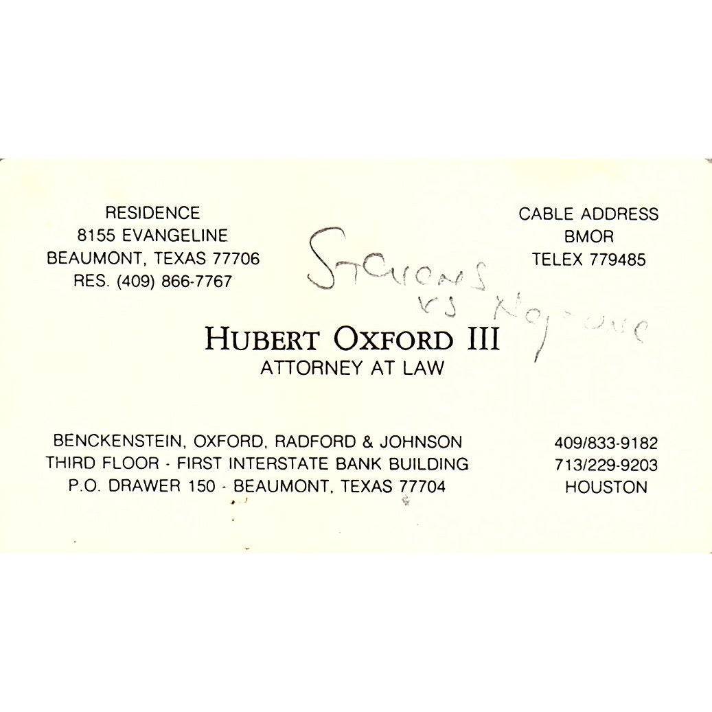 Hubert Oxford III Attorney Houston TX Vintage Business Card SE3-B12