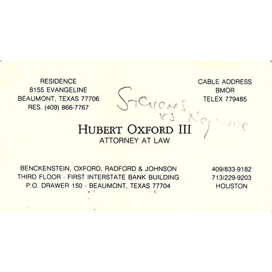 Hubert Oxford III Attorney Houston TX Vintage Business Card SE3-B12