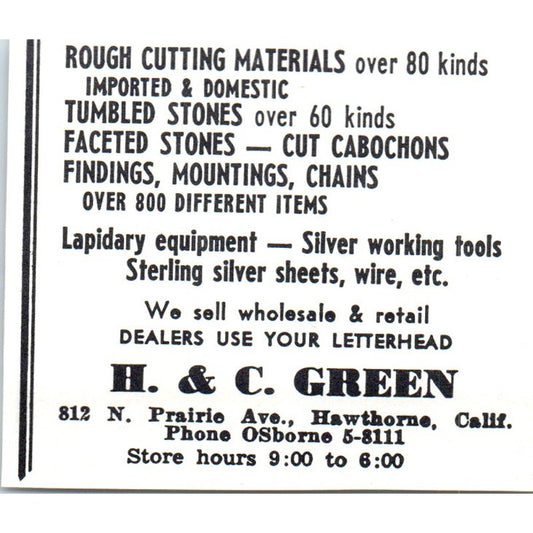 H&C Green Rock and Lapidary Hawthorne California 1964 Magazine Ad AB6-M1