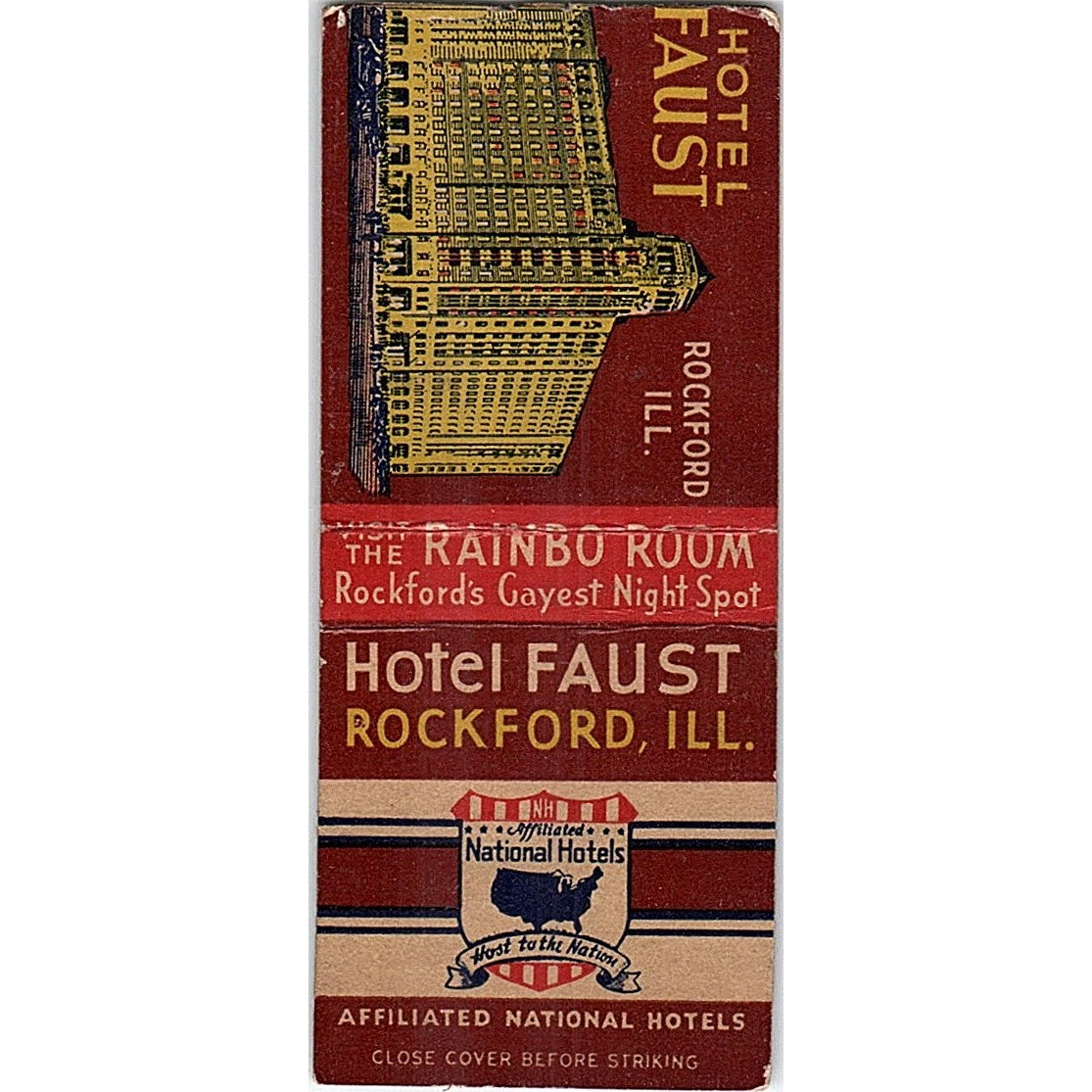 Hotel Faust Rainbow Room Rockford IL Vintage Matchbook Cover SF3-Y1