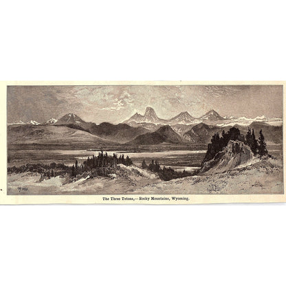 Three Tetons - Rocky Mountains Wyoming 3x8" 1901 Engraving AF6-16