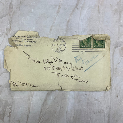 1912 Belmont College for Women Envelope Melba Maso to Lillie Mason Nashville AE6