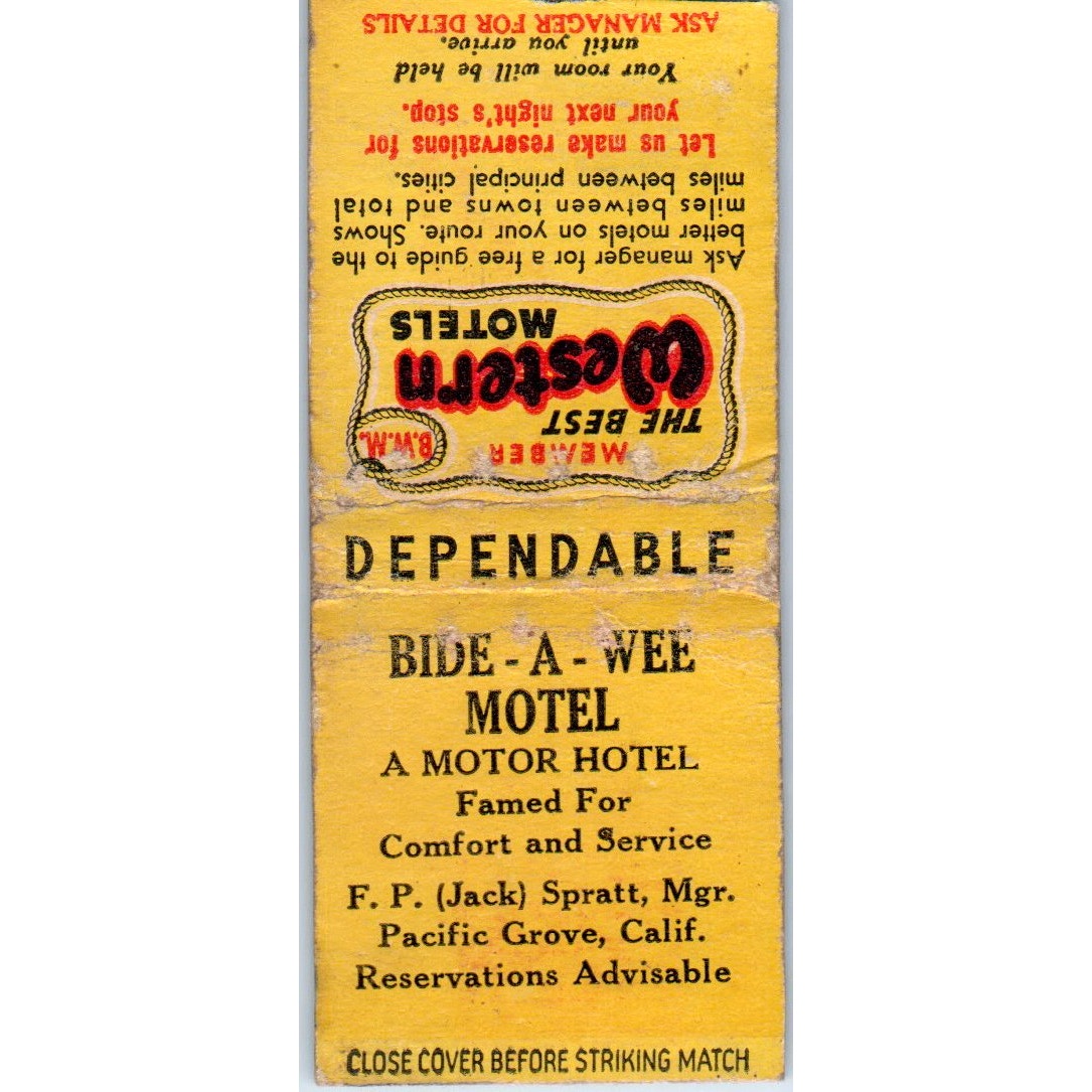 Bide-A-Wee Motel F.P. Jack Spratt Pacific Grove CA Vtg Matchbook Cover SD4-Y11