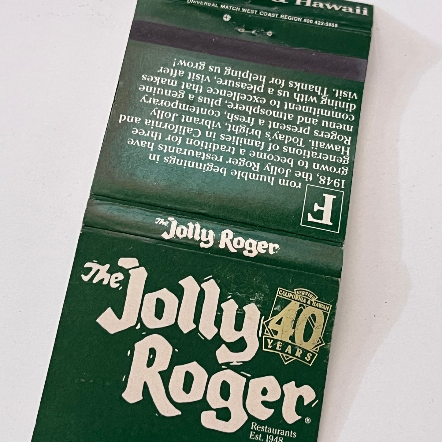 Jolly Roger Restaurants 40 Year Anniversary Vintage Matchbook Cover TB6-MB1-9