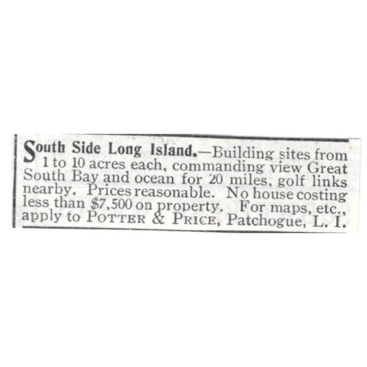 South Side Long Island Building Sites Potter & Price Patchogue 1903 Ad AF8-S45