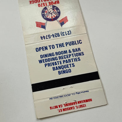 BPOE 1750 Lakewood Lodge Hawaiian Gardens CA Vintage Matchbook Cover TB6-MB1-14