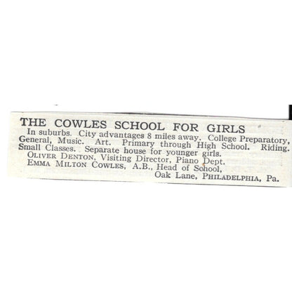 The Cowles School For Girls Philadelphia PA Emma Milton Cowles c1920 Ad AG4-S6