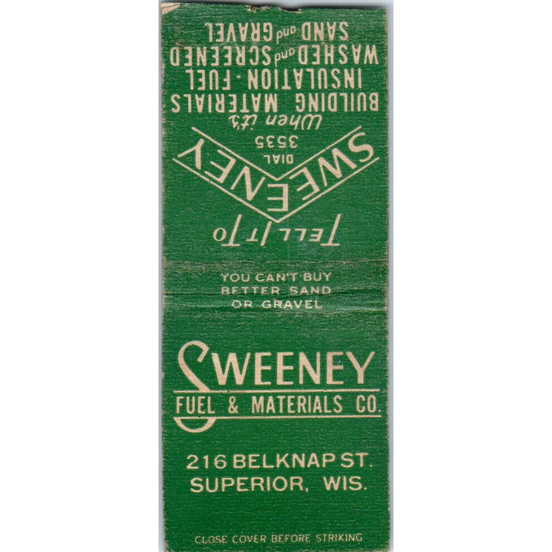 Sweeney Fuel & Materials Co Superior WI Vintage Matchbook Cover SF4-Y3