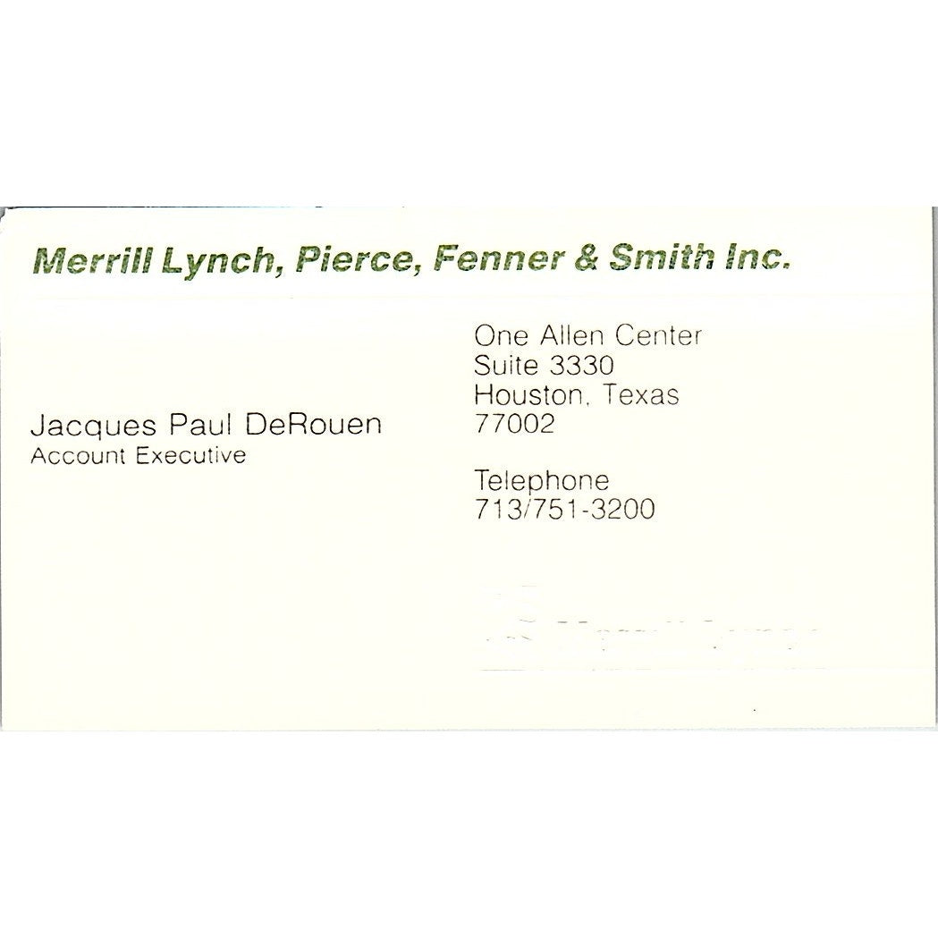 Jacques Paul DeRouen Merrill Lynch Houston Vintage Business Card SC9-B5