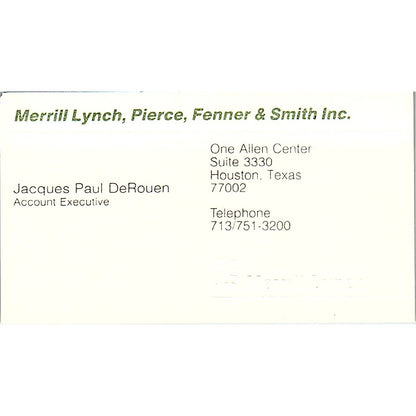 Jacques Paul DeRouen Merrill Lynch Houston Vintage Business Card SC9-B5