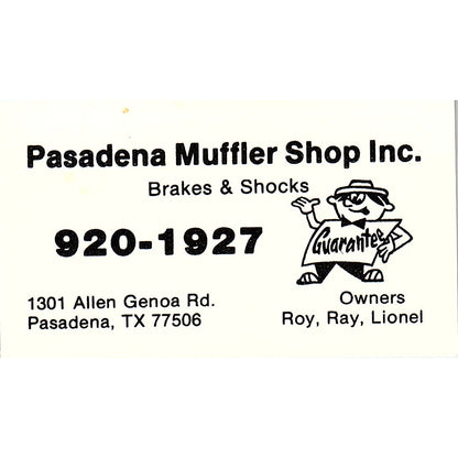 Pasadena Muffler Ship Inc Roy & Ray Lionel TX Vintage Business Card SC9-B7